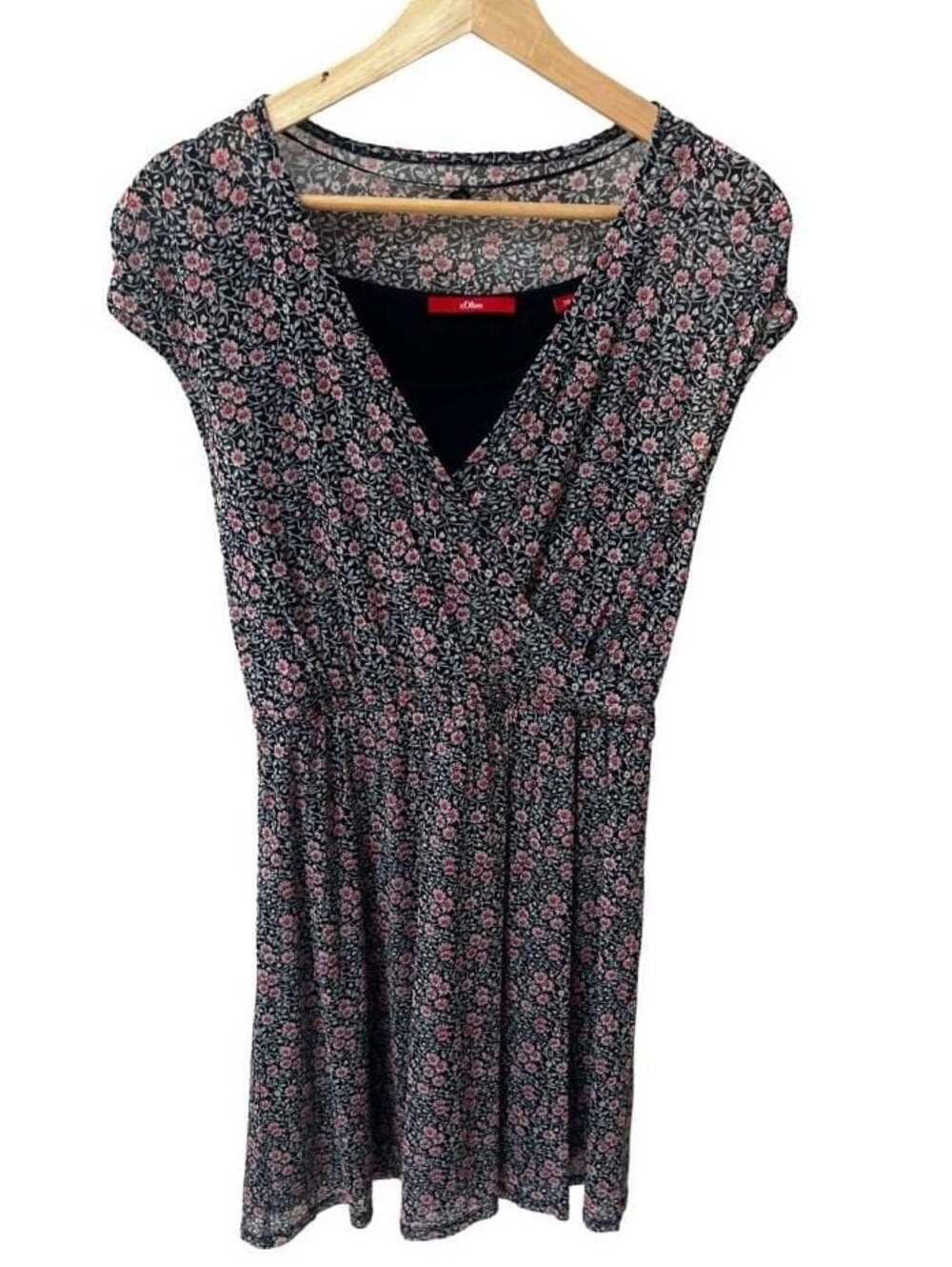s.Oliver Women's Navy Blue Floral Cap Sleeve V-Neck Mini Dress Size 38